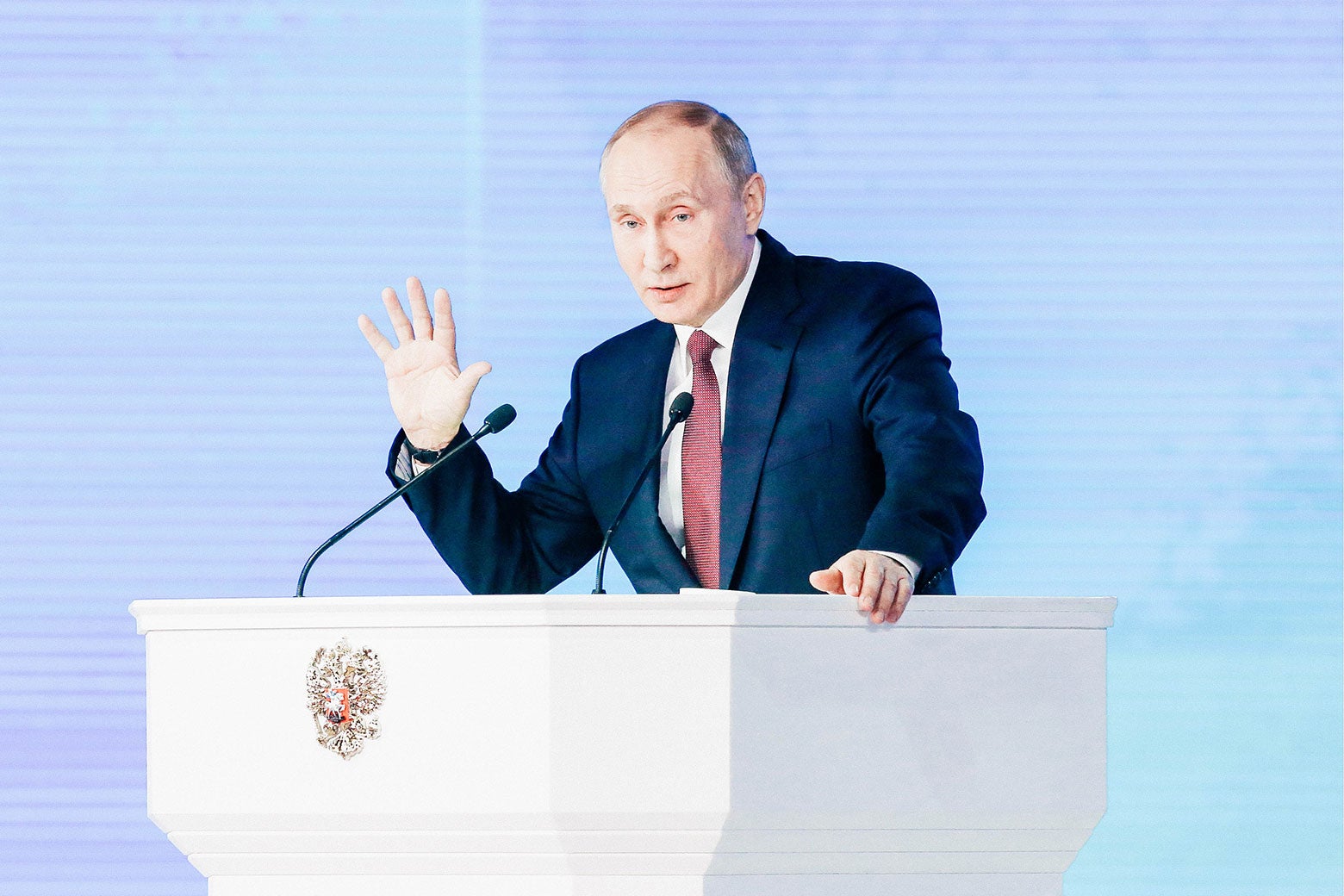Russia’s President Vladimir Putin delivers an annual address to the Federal Assembly of the Russian Federation on Thursday in Moscow.