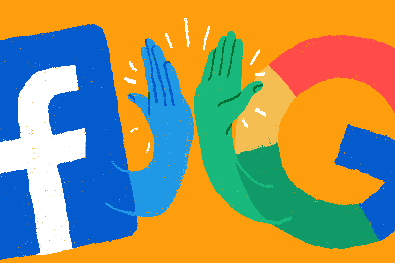 Facebook logo hi fiving Google logo.