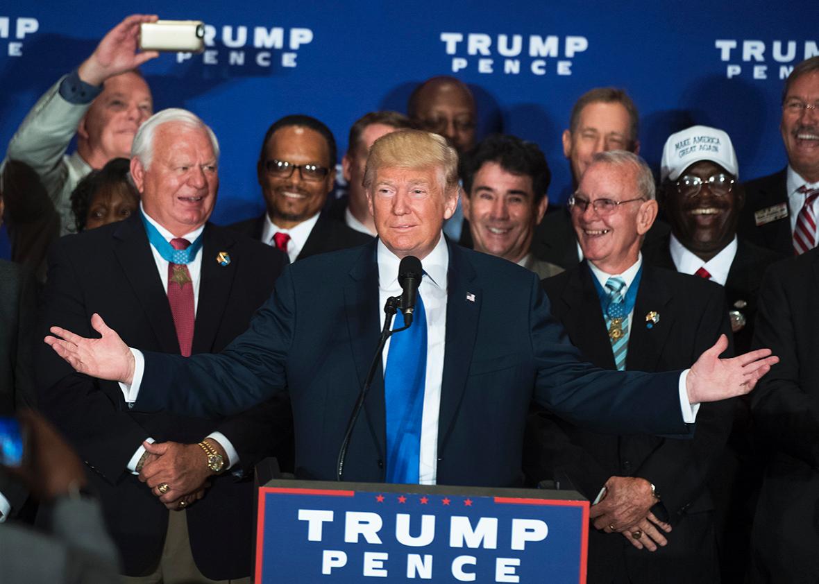 Republican presidential candidate Donald Trump attends a campaign event with veterans at the Trump International Hotel on Pennsylvania Ave. September 16, 2016. 