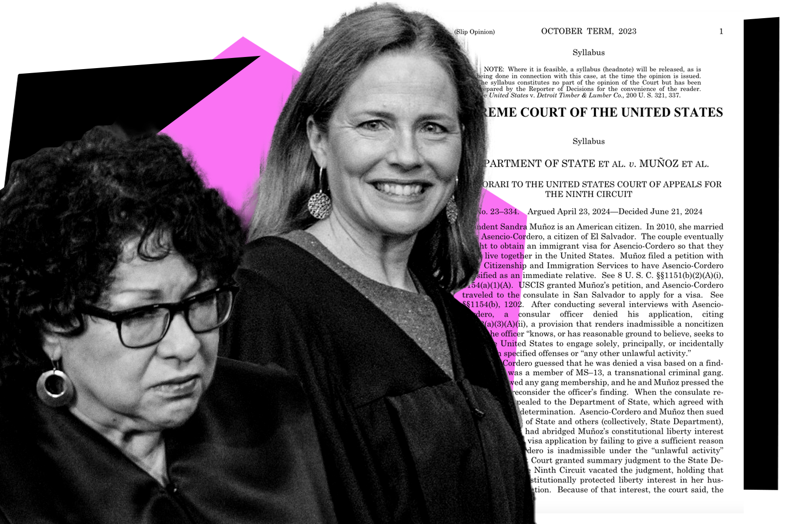 Sonia Sotomayor and Amy Coney Barrett in collage with text from the opinion.