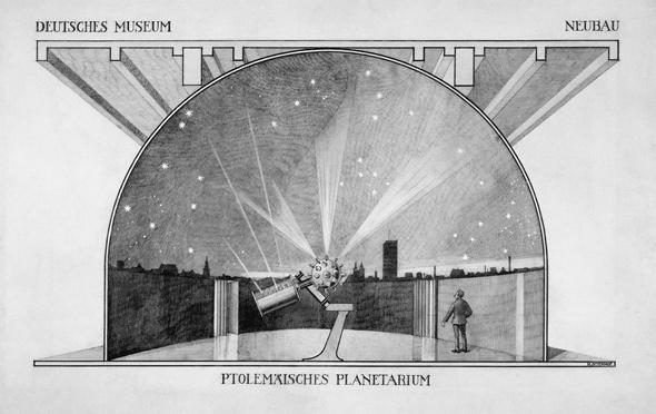 Drawing of the projection planetarium in Munich, ca. 1923. 