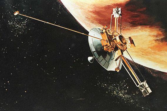 An artist rendition of the Pioneer 10 spacecraft as it passes the planet Jupiter.