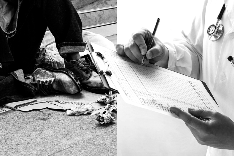 Side-by-side photo illustration of a homeless person sitting on the street and a doctor making a notation on a patient chart.