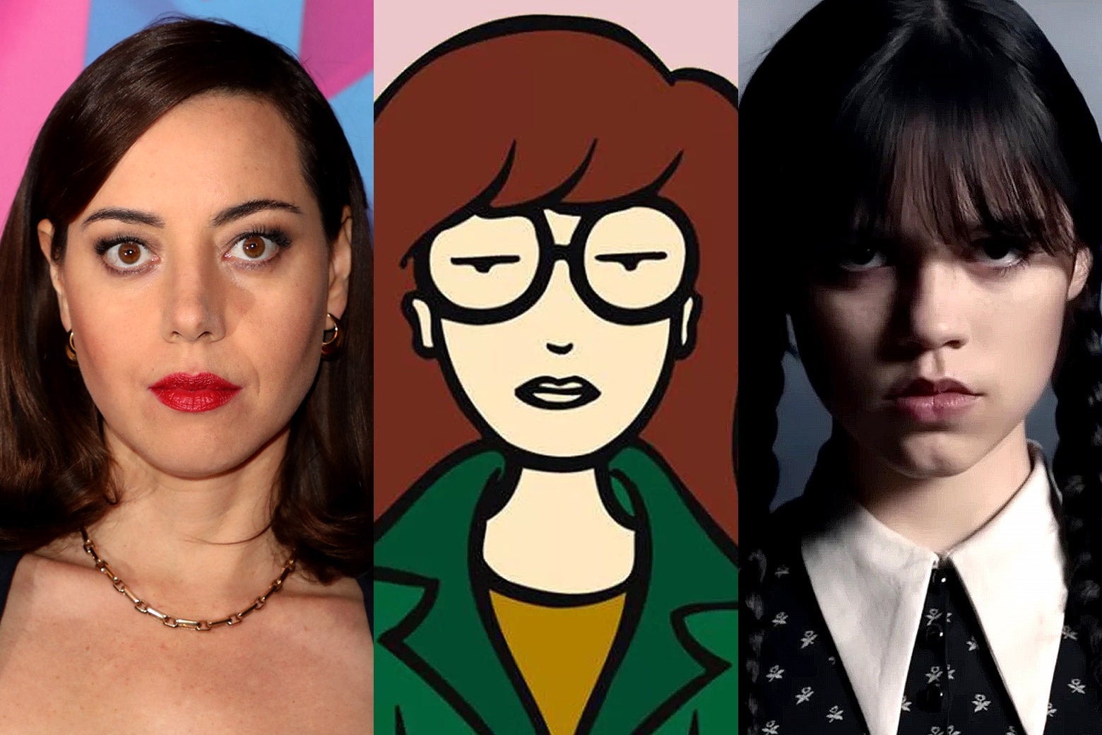 Aubrey Plaza, Daria, and Wednesday Addams, all with very expressionless faces.