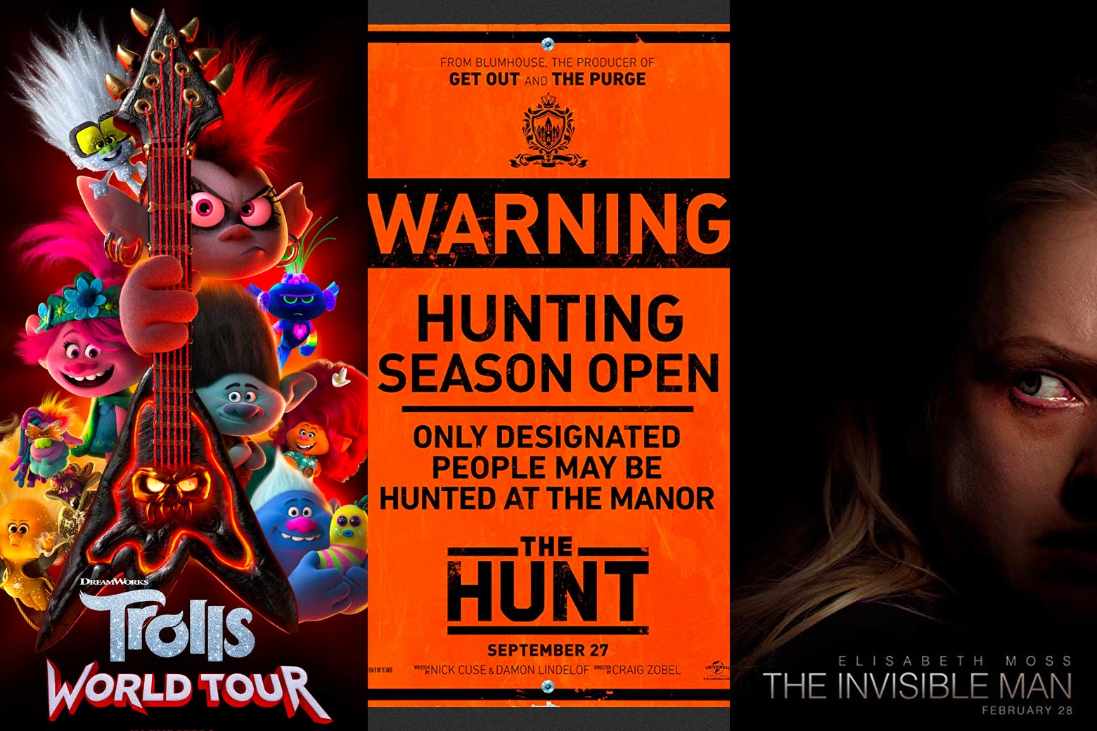 Posters for Trolls World Tour, The Hunt, and The Invisible Man