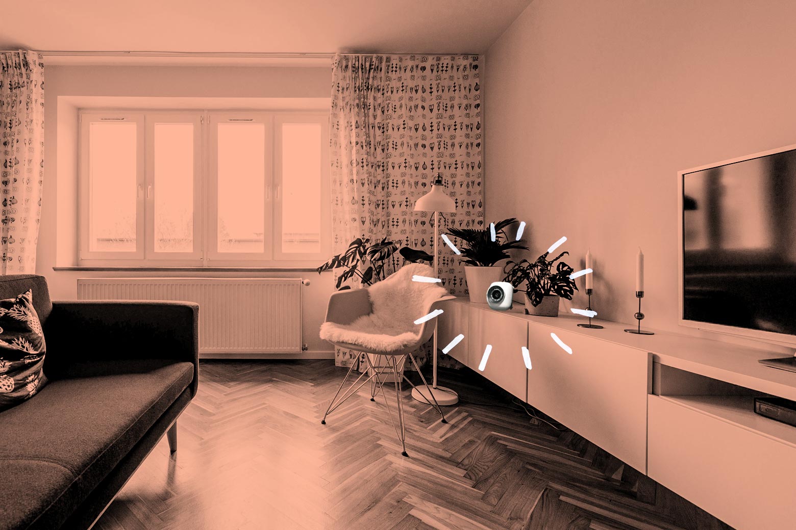 Photo collage of a living room with a hidden camera highlighted. 