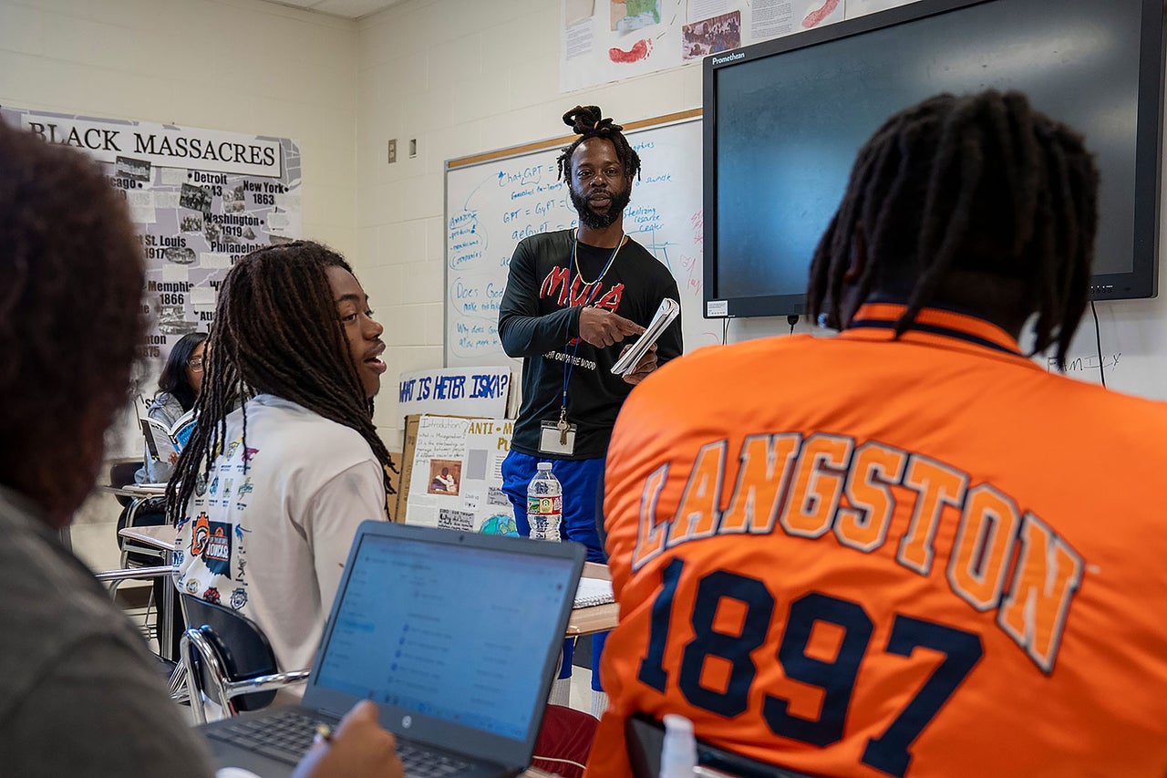 Anthony Crawford teaches a lesson on Othello at Millwood High School in Oklahoma City in April