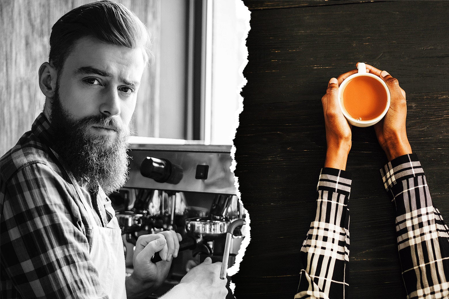 Photo illustration: a man you might implicitly associate with being a barista side-by-side with an image of a cup of coffee.