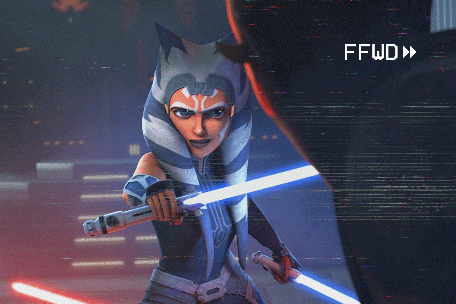 Ahsoka Tano is seen in a still from The Clone Wars, with a fast forward symbol showing.