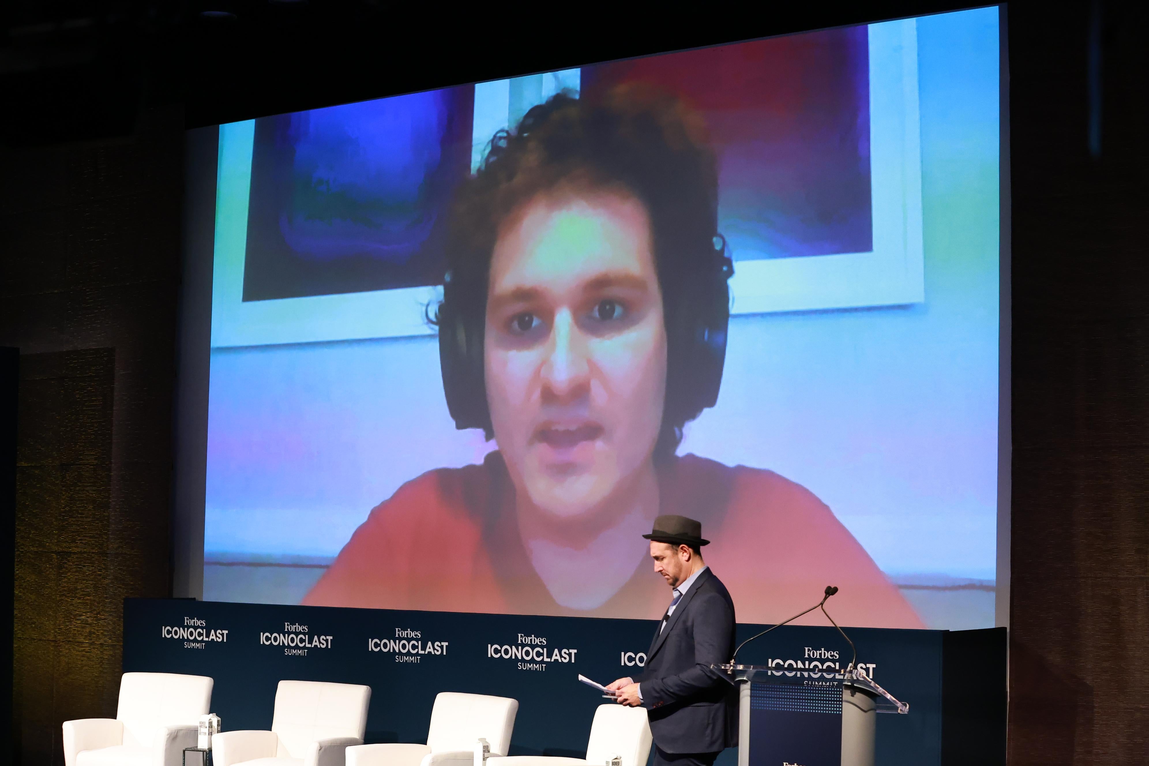 NEW YORK, NEW YORK - NOVEMBER 03: Sam Bankman-Fried attends via video call during the 2022 Forbes Iconoclast Summit at New York Historical Society on November 03, 2022 in New York City. (Photo by Arturo Holmes/Getty Images)