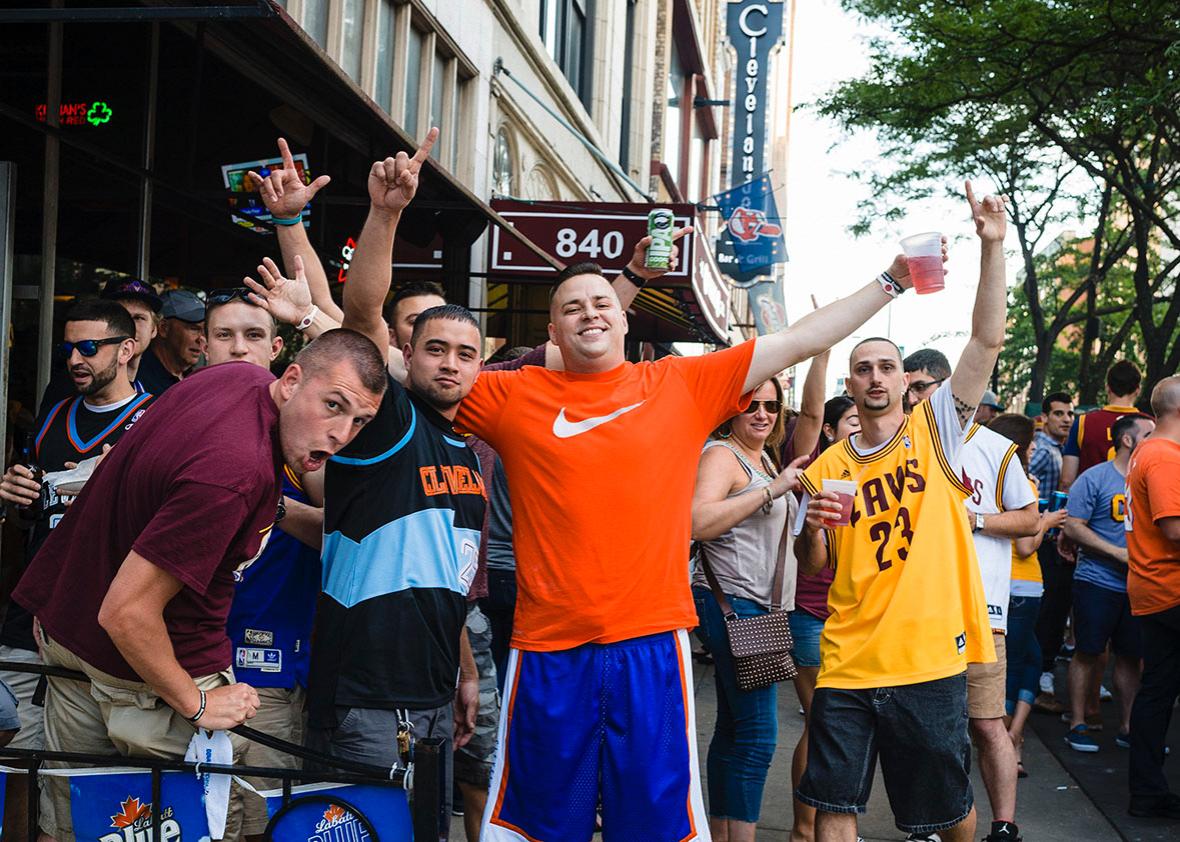 Cleveland Cavaliers fans gather outside of Paninis Bar & Grill on the corner of E. 9th and Huron prior to game 6 of the NBA Finals on June 16, 2015 in Cleveland, Ohio.  