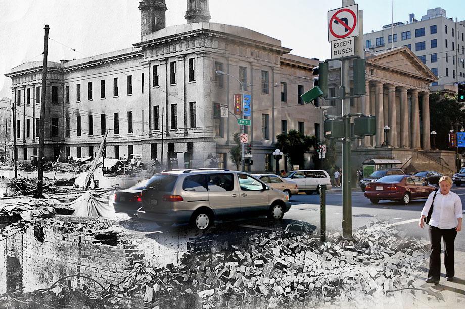 A woman walks dangerously close to a pit of rubble on Fifth Street by the U.S. Mint. The Mint has done a remarkable job surviving the quake.