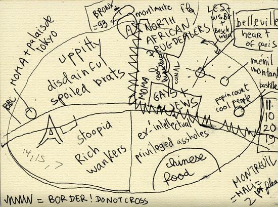 An annotated map of neighborhoods in Paris.