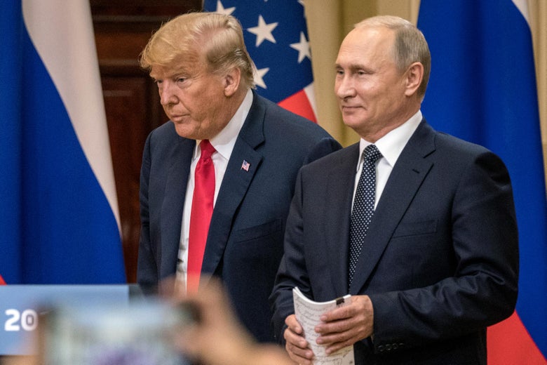 Trump and Putin at lecterns