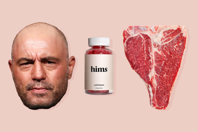 Joe Rogan, a bottle of multivitamins from Hims, and a steak.