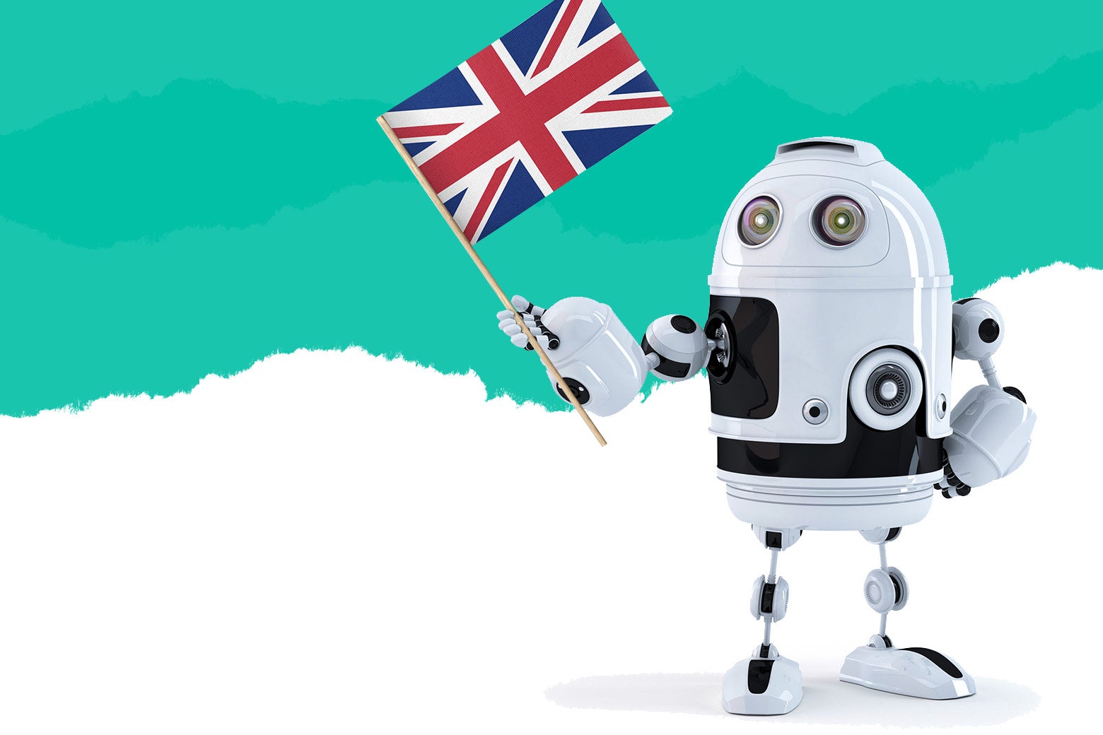A principled-looking robot holds up a U.K. flag.