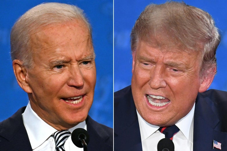 Joe Biden and Donald Trump speaking during the first presidential debate at the Case Western Reserve University and Cleveland Clinic on September 29, 2020, both with their mouths open.