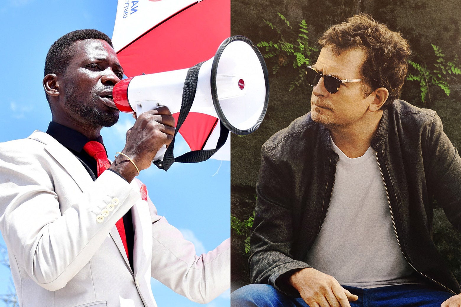 A side-by-side of Bobi Wine and Michael J. Fox.