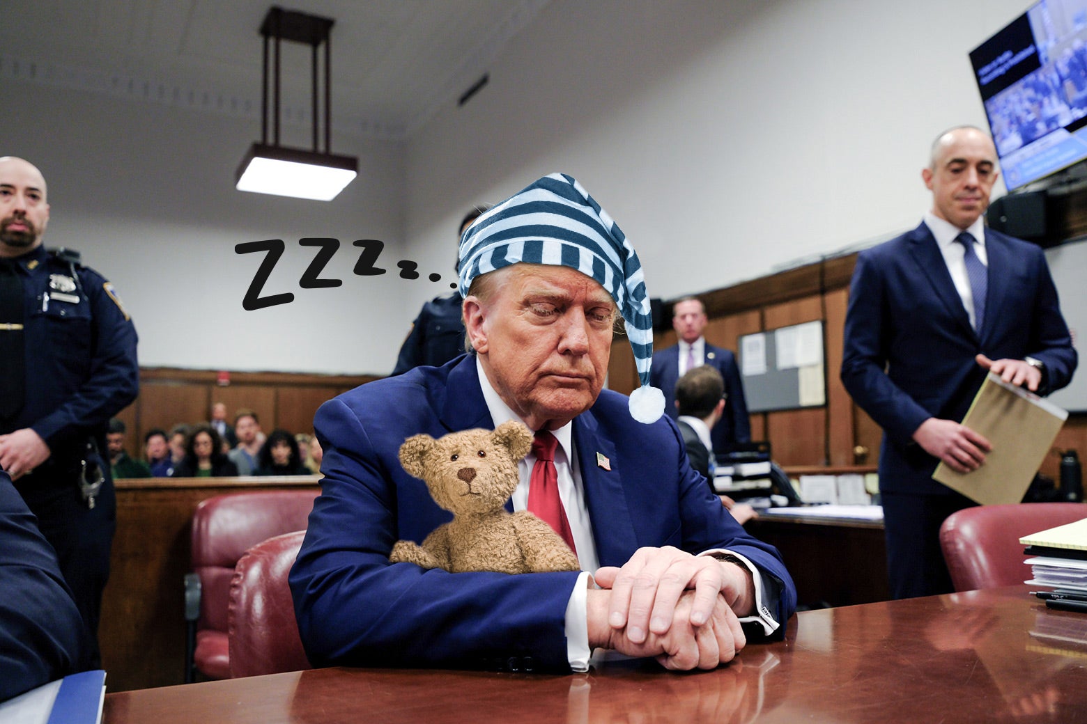 A photo of Donald Trump with his eyes closed in court. A teddy bear, a little cap, and some zzzz's have been added.