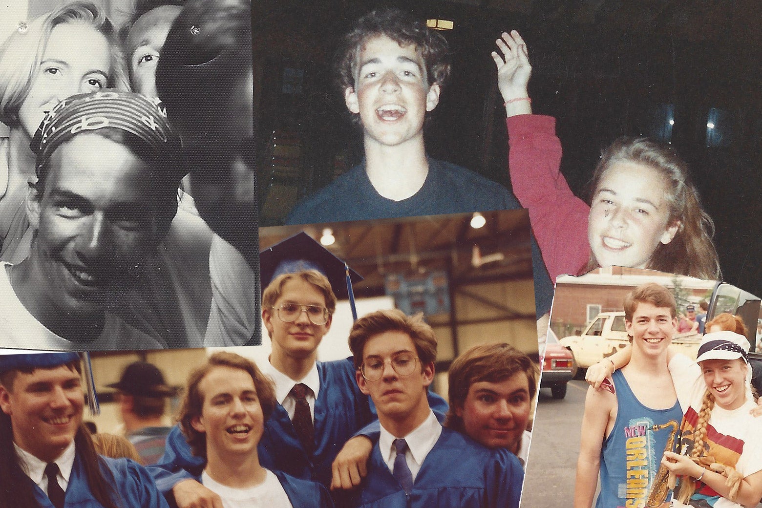 A collage of photos of a youthful Dan Kois surrounded by friends aplenty.