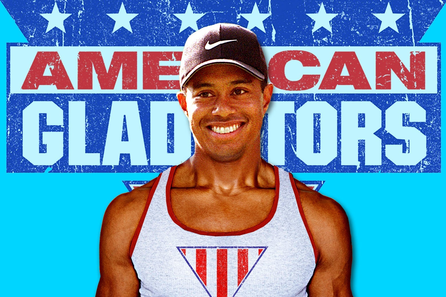 Tiger Woods in American Gladiators spandex, appearing in front of the show's logo