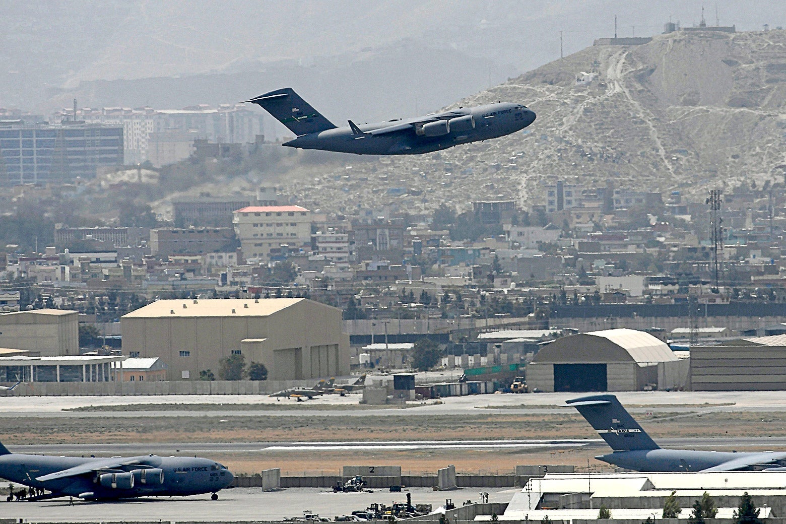 An U.S. Air Force aircraft takes off from the airport in Kabul.