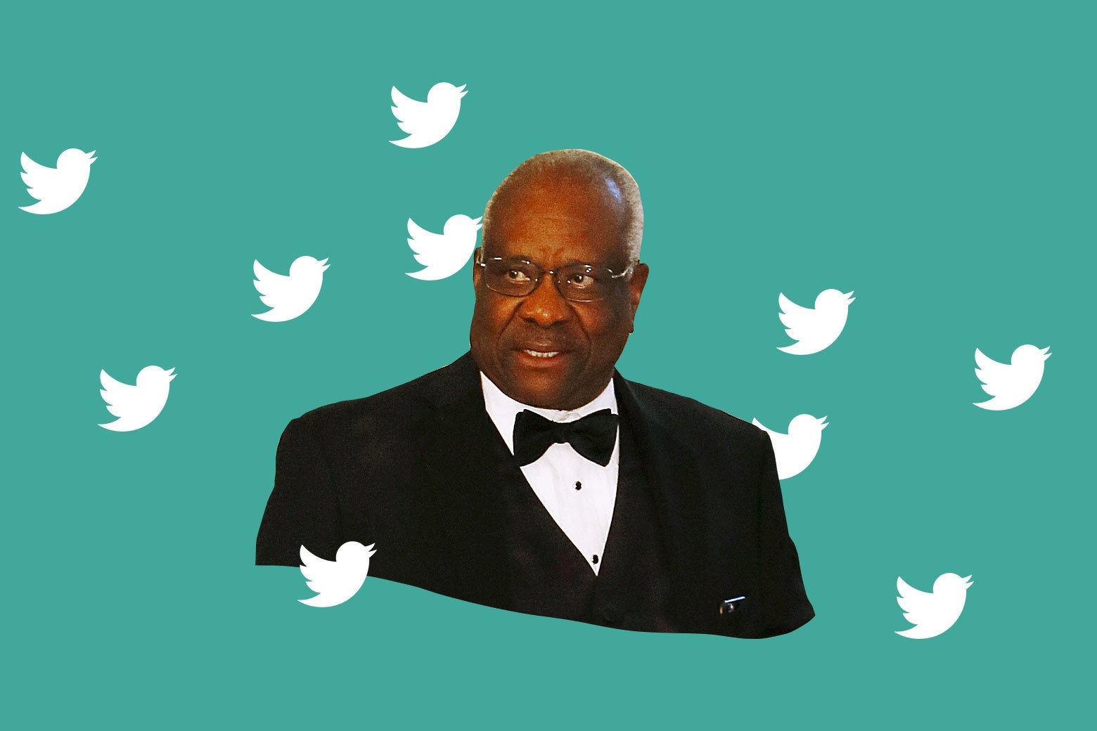 Collage of Clarence Thomas wearing a tux, surrounded by Twitter birds