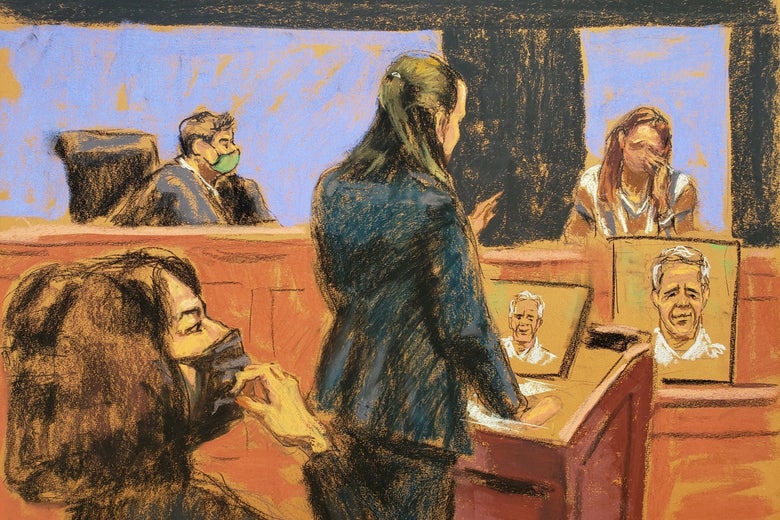 A courtroom illustration of Carolyn being questioned by the prosecutor, with Maxwell looking on. 