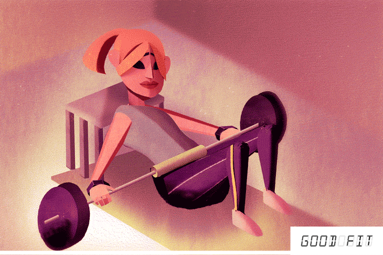 A woman with a blonde pony tail goes from a seated to a bridge position while holding a barbell.