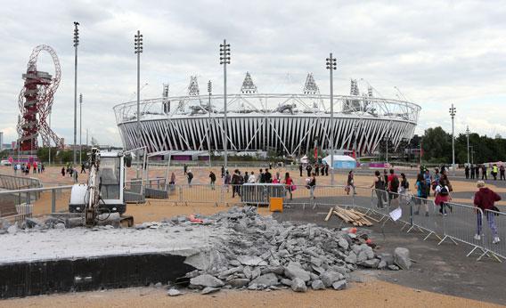 A general view of the Olympic Stadium with construction work in the foreground during previews ahead of the London 2012 Olympic Games at the Olympic Park on July 19, 2012 in London, England.