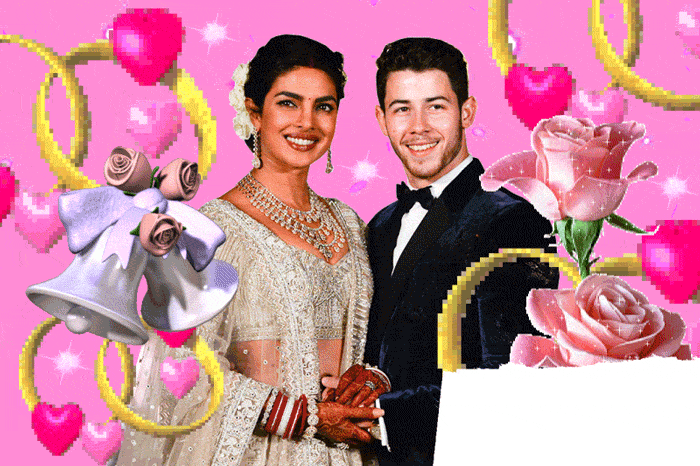 Priyanka Chopra and Nick Jonas with wedding bells and roses and hearts and rings and the Who? logo