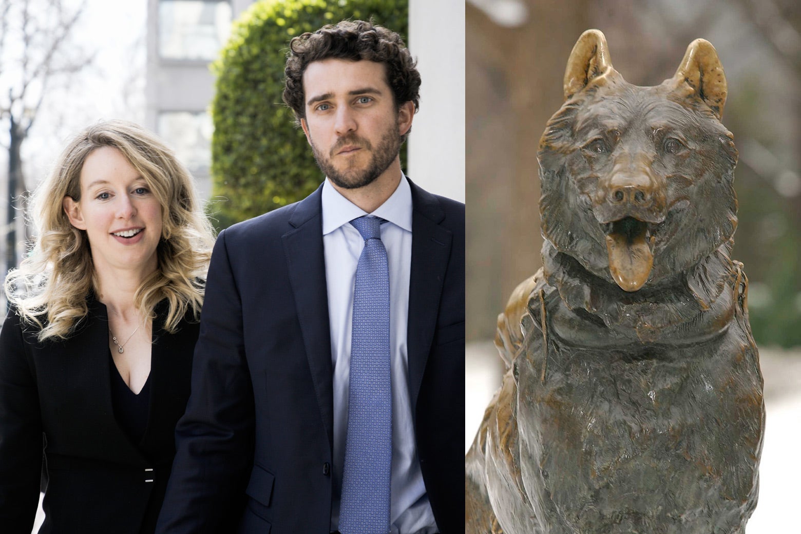 Left: A blond woman and a brunette man. Right: A statue of a dog. 