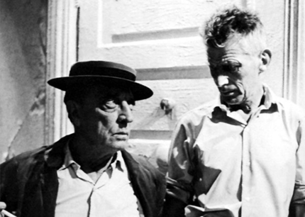 A behind-the-scenes production shot of Samuel Beckett and Buster Keaton making Film.