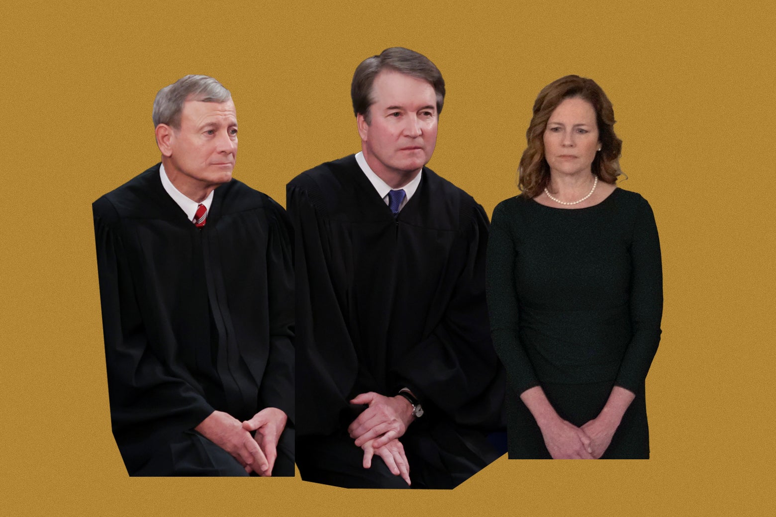 Supreme Court Justices Kavanaugh, Barrett, and Roberts looking annoyed.