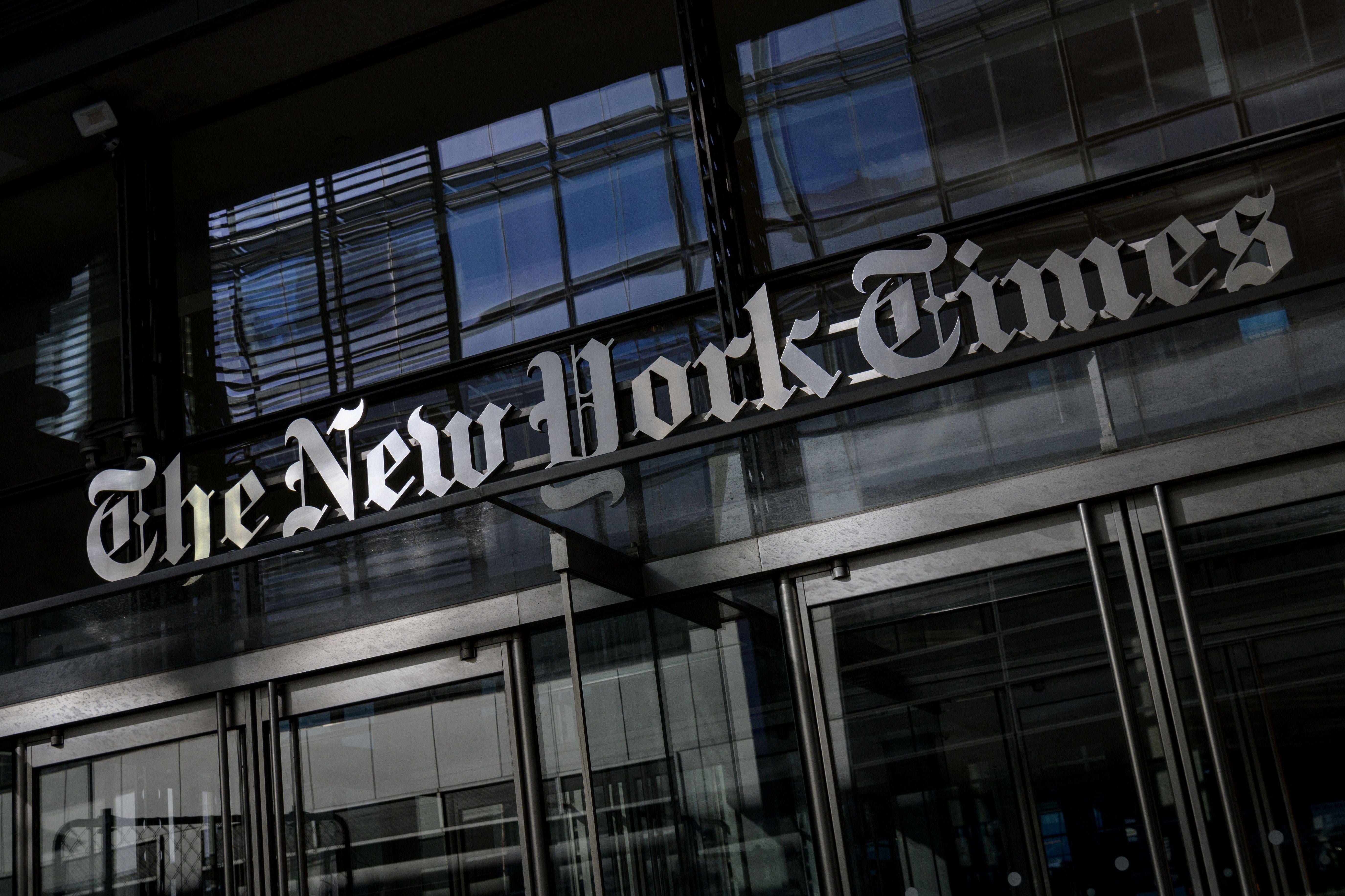 The New York Times Building in New York City on February 1, 2022, with the logo a little bit sideways.