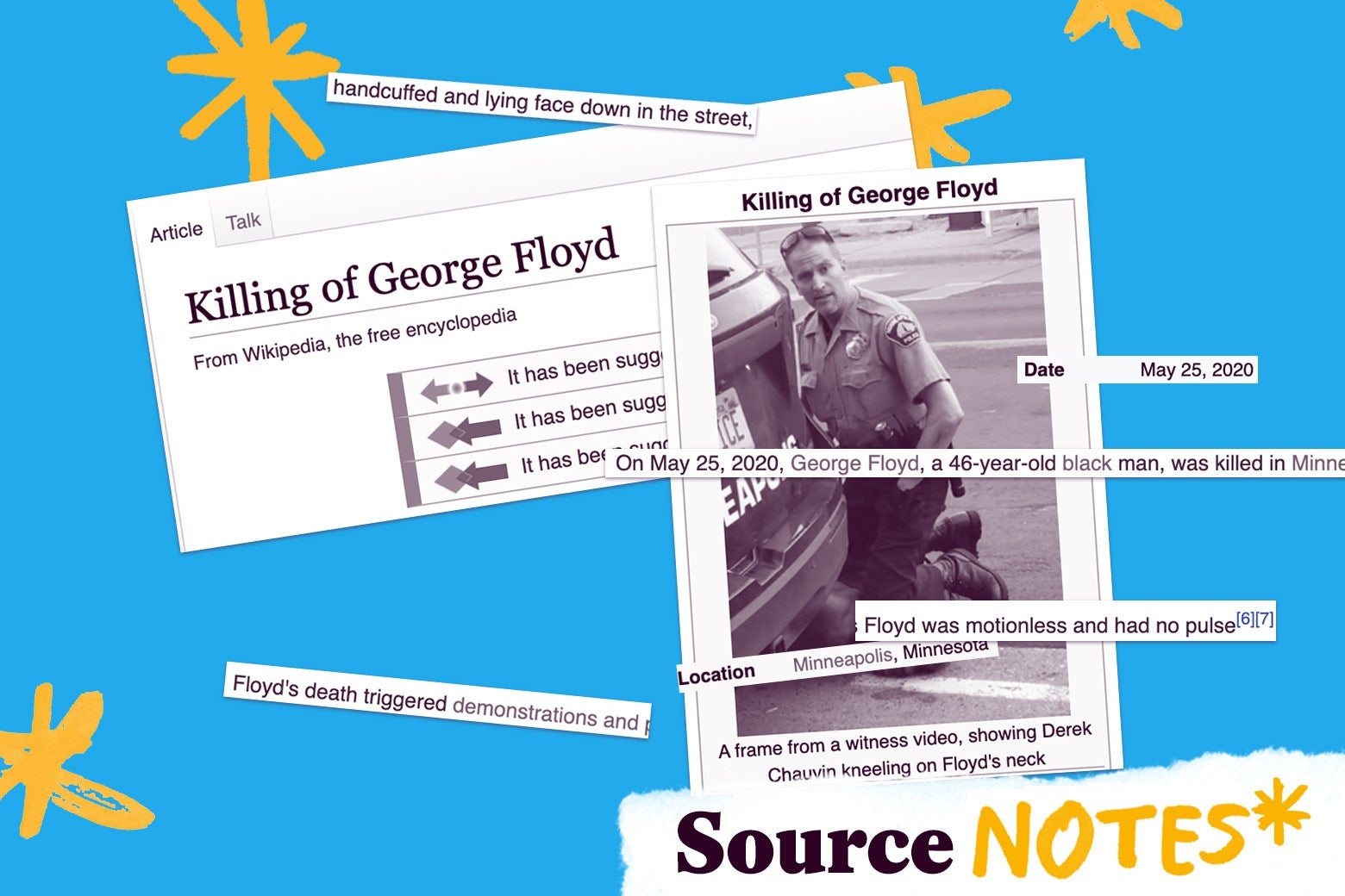 A collage of images from the Wikipedia page for George Floyd, with a logo that says "Source Notes"