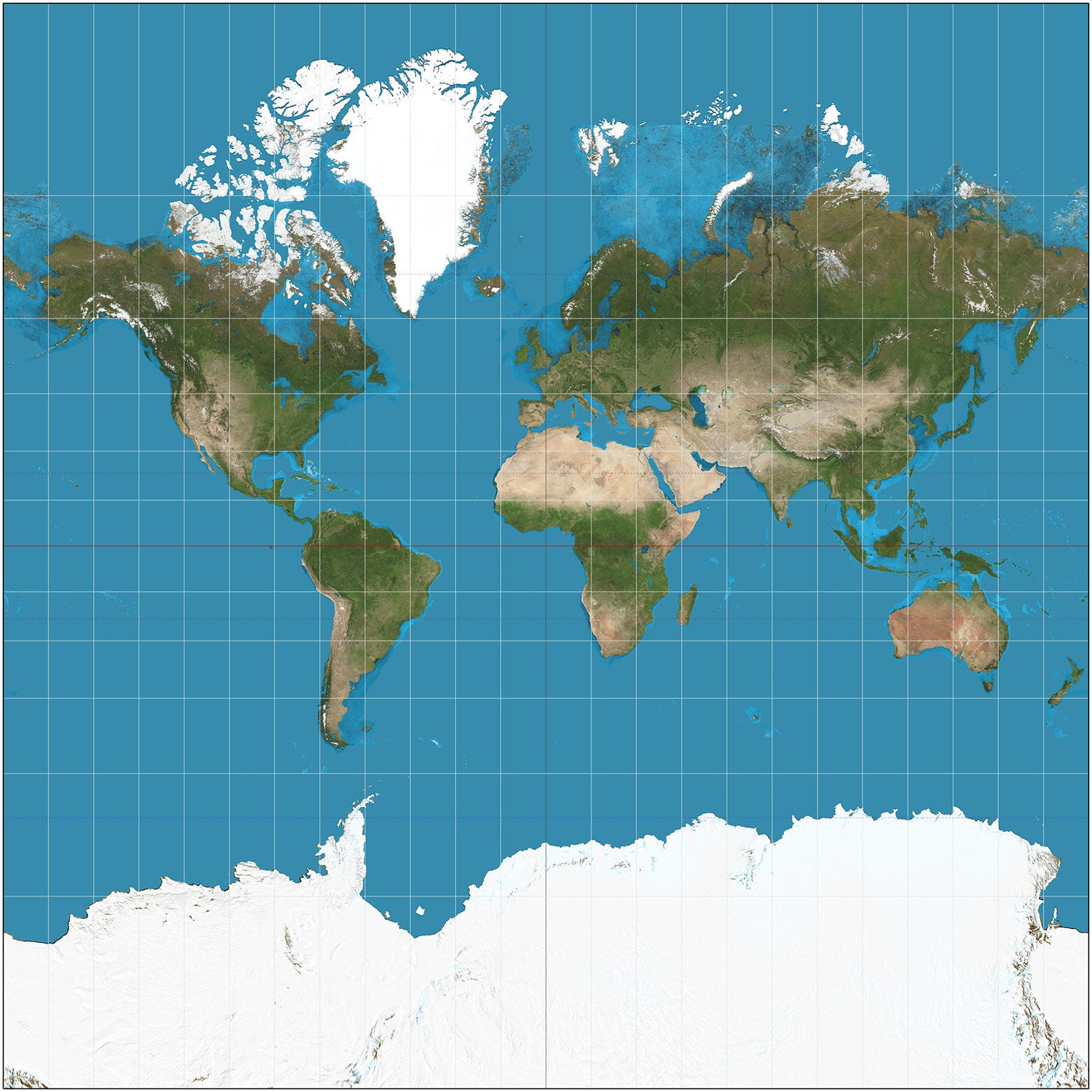 The Mercator projection map showing an enormous Greenland and Canada at the top