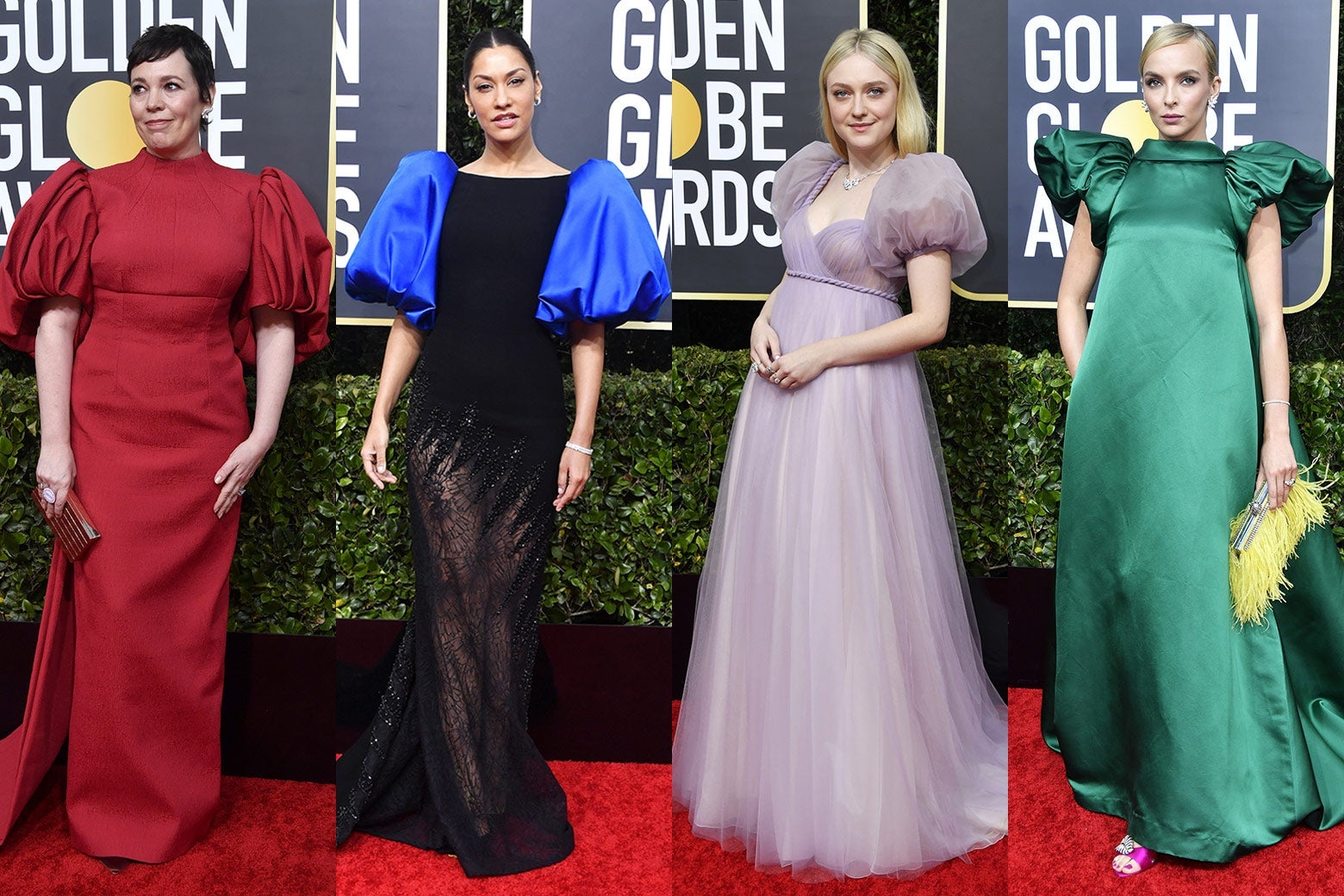 Olivia Colman, Janina Gavankar, Dakota Fanning, and Jodie Comer at the 2020 Golden Globes red carpet.