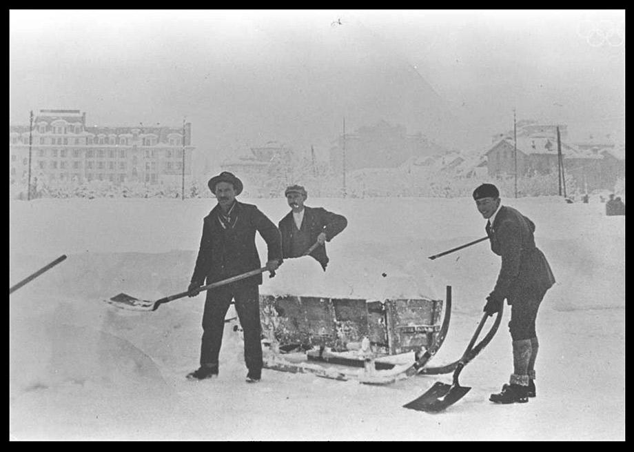 Clearing snow at the Olympic stadium.