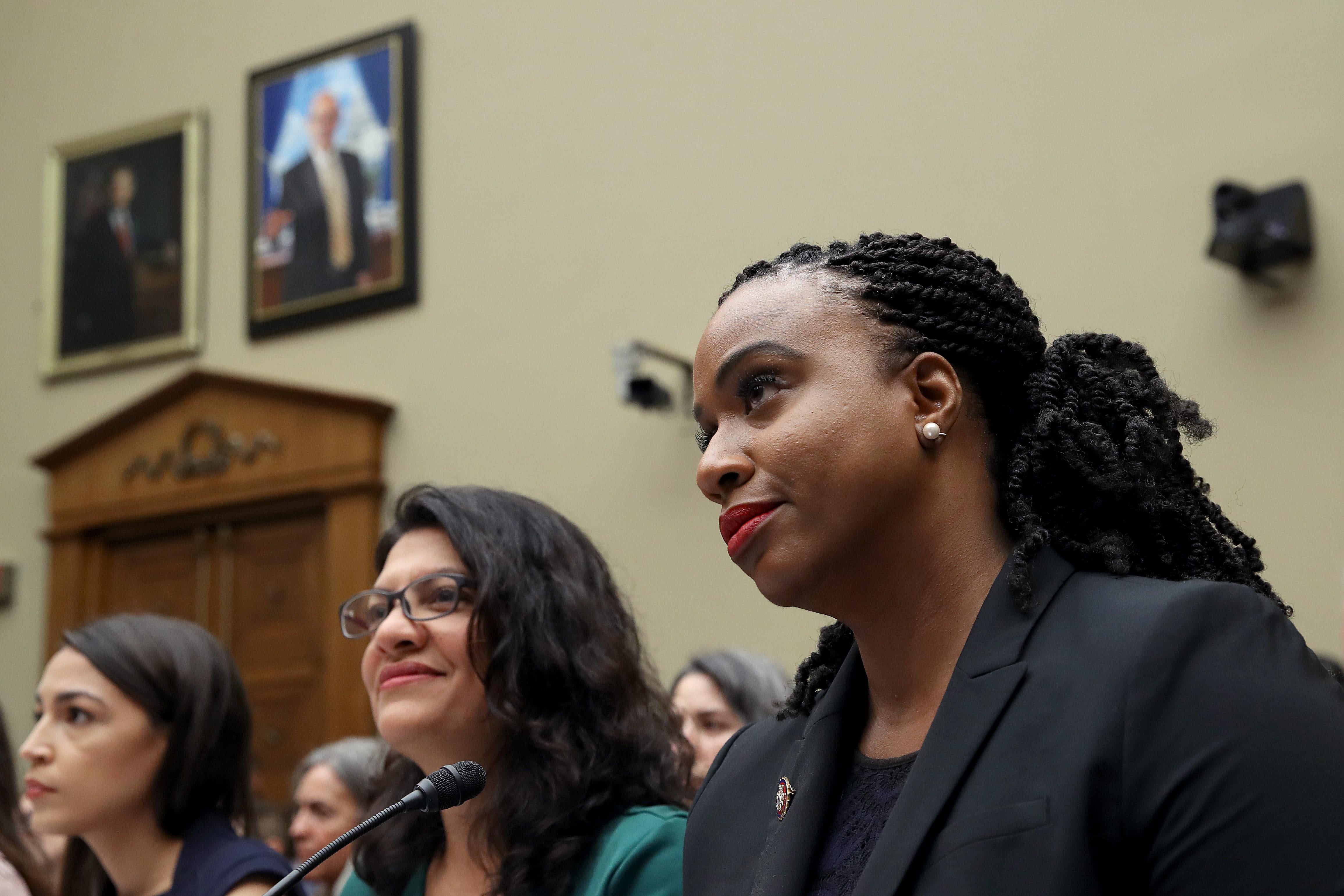 Reps. Ayanna S. Pressley, Rashida Tlaib, and Alexandria Ocasio-Cortez at a congressional hearing.