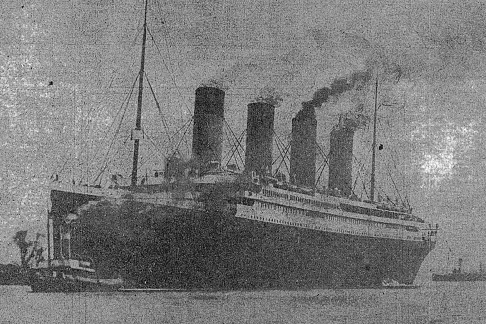 The lost Titanic being towed out of Belfast Harbor.