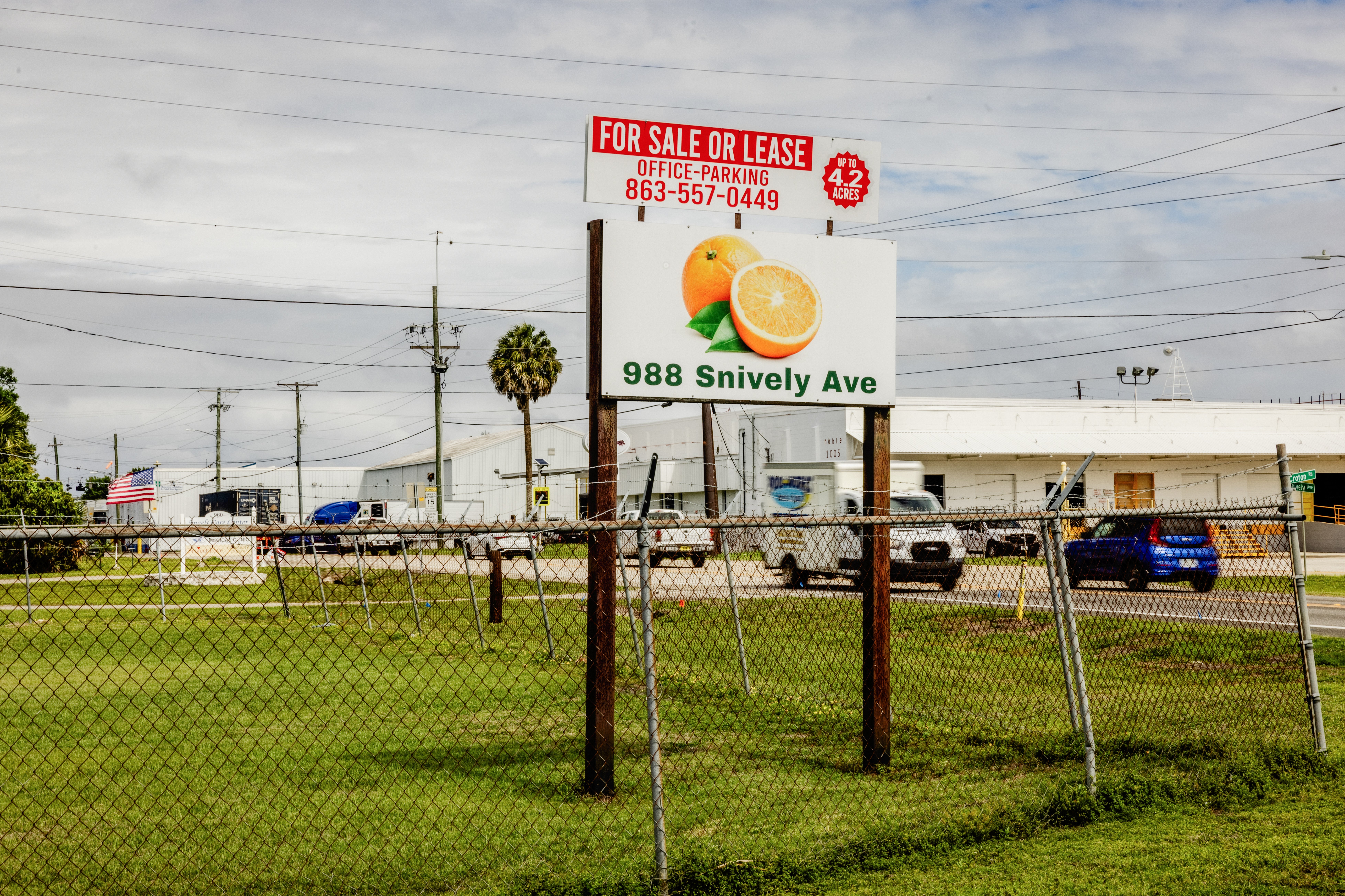 A Space For Sale sign with sliced oranges on it. 