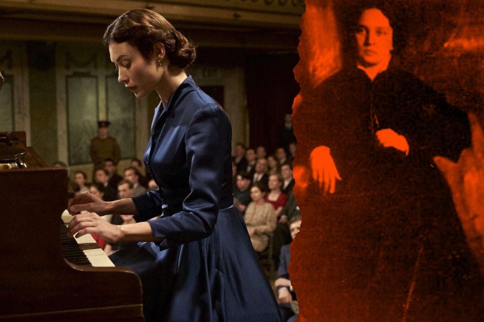 At left: Olga Kurylenko in the film, playing the piano. At right: pianist Maria Yudina.