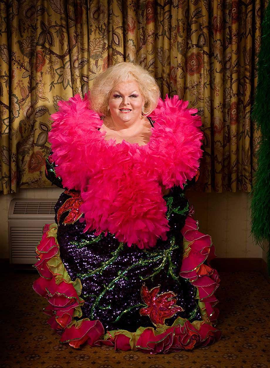 Big Fannie Annie, by her own account 450 pounds of sizzling sex, worked as a feature performer from 1968 to 1997. She made the costume she's wearing and was photographed in her hotel room in Las Vegas during Miss Exotic World in 2009.