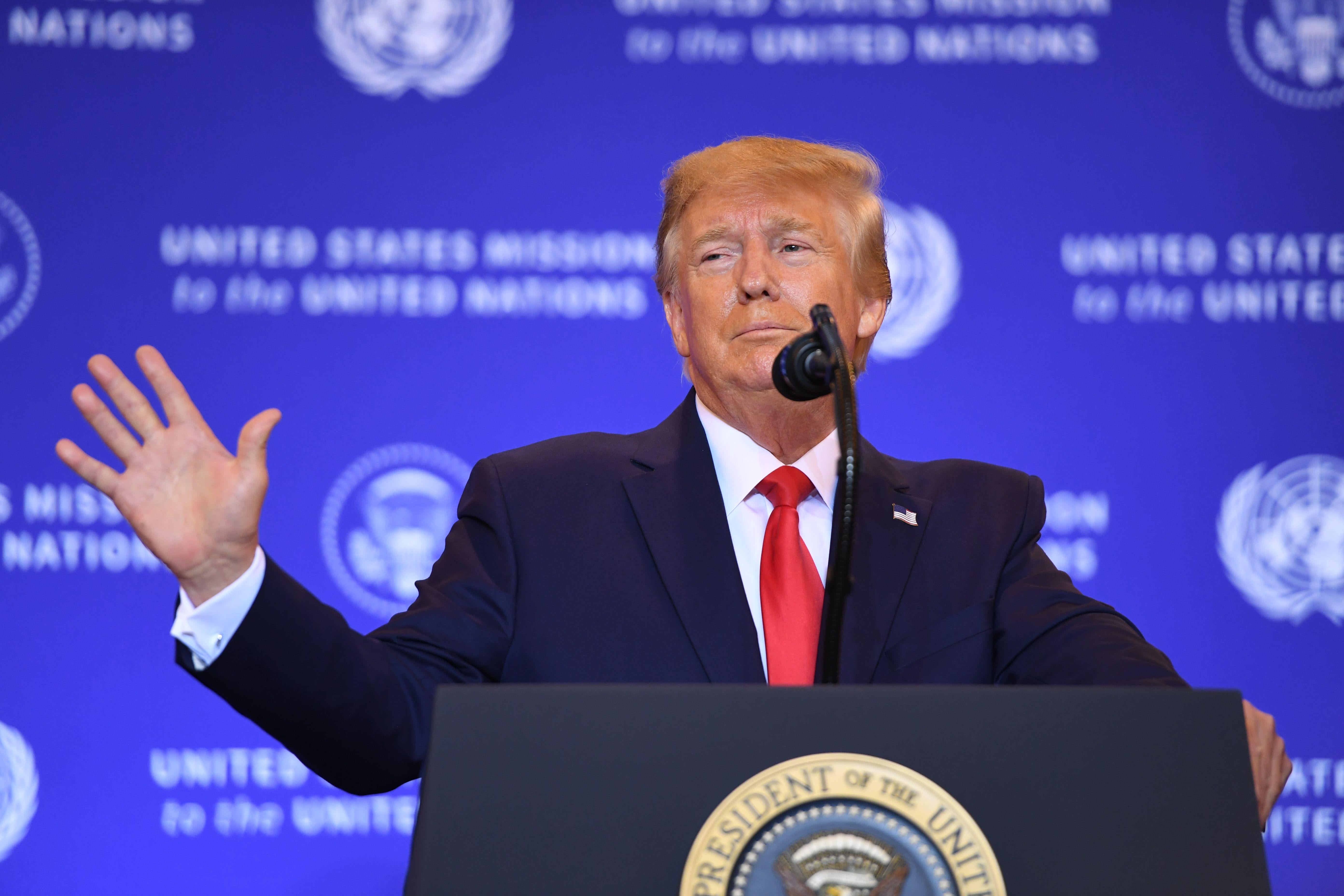 President Trump speaks on the sidelines of the United Nations General Assembly in New York on Sept. 25, 2019.