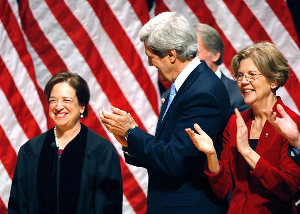 Supreme Court Justice Elena Kagan is acknowledged during a reenactment ceremony at Roxbury Community College for Senator elect Elizabeth Warren in 2012. 