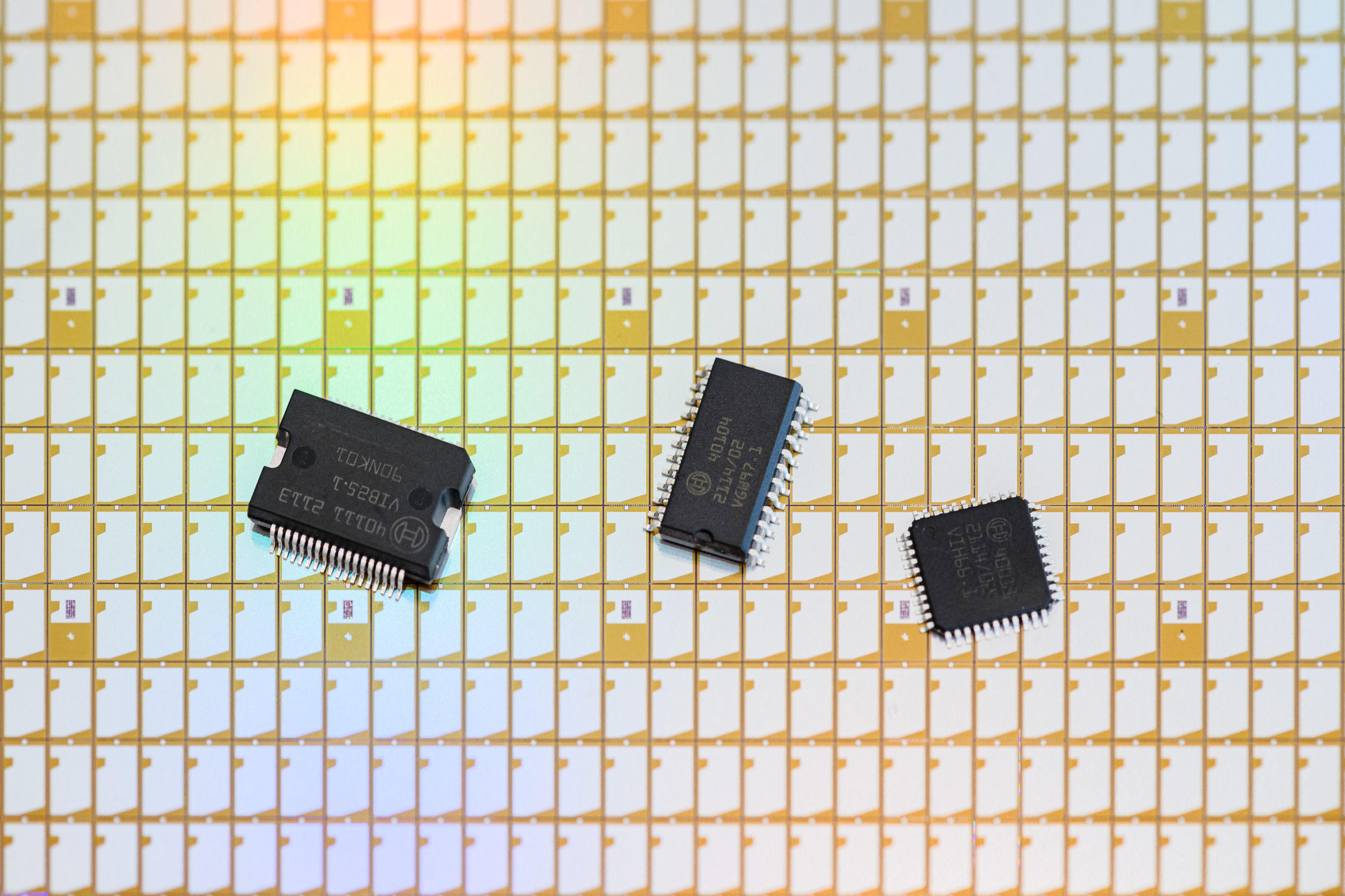 Semiconductor chips on a table. 