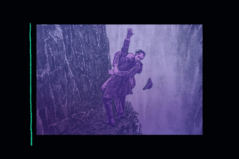 An illustration of Sherlock Holmes and Professor Moriarty tussling, about to plunge into Reichenbach Falls