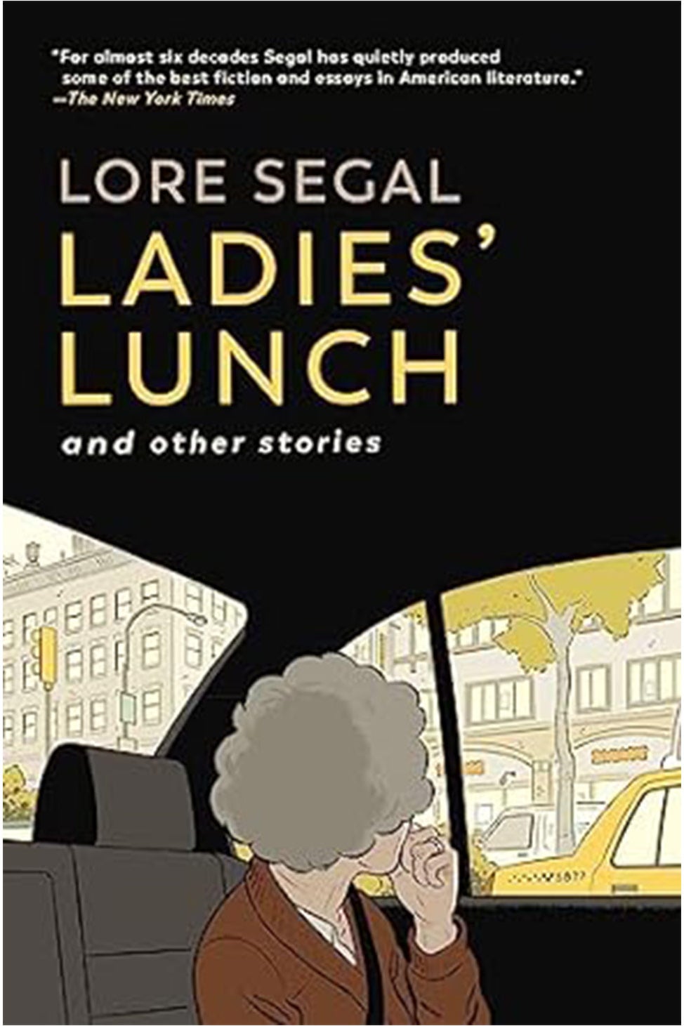 A book jacket features an illustration of a gray-haired woman seen from behind looking out the window of a yellow taxicab.