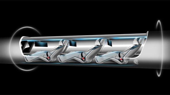 Hyperloop passenger capsule version cutaway with	 passengers onboard.	